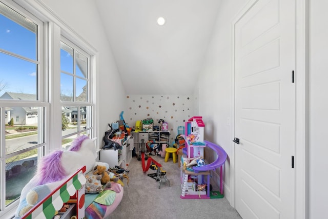 recreation room featuring carpet floors, vaulted ceiling, and recessed lighting