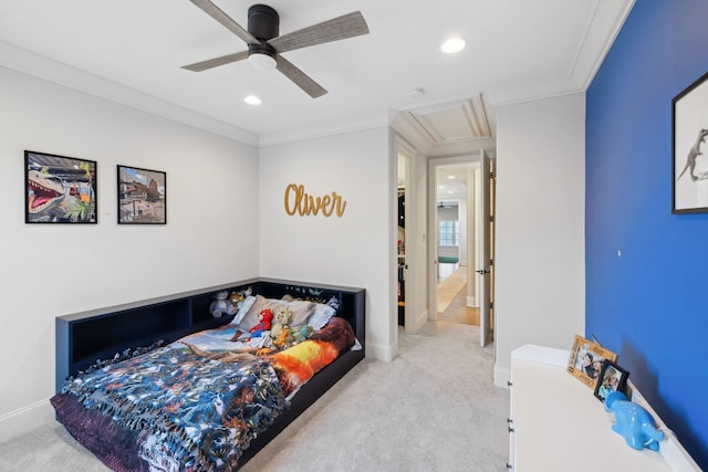 bedroom with attic access, baseboards, crown molding, carpet flooring, and recessed lighting