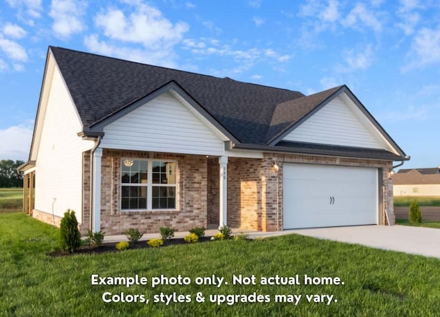 view of front of house with a front lawn, brick siding, a shingled roof, and an attached garage