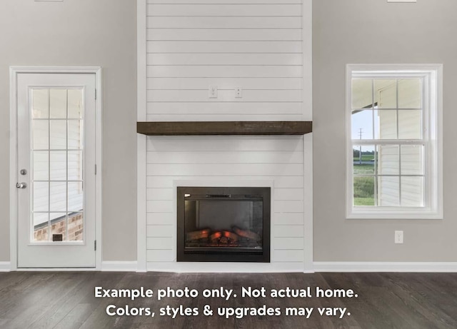 details with a fireplace, wood finished floors, and baseboards