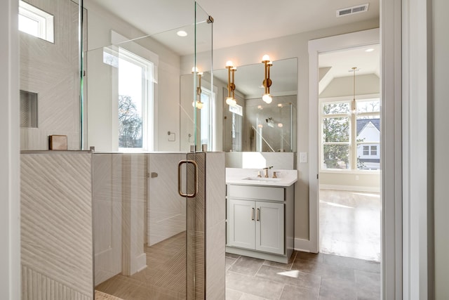 full bath with visible vents, a shower stall, and vanity