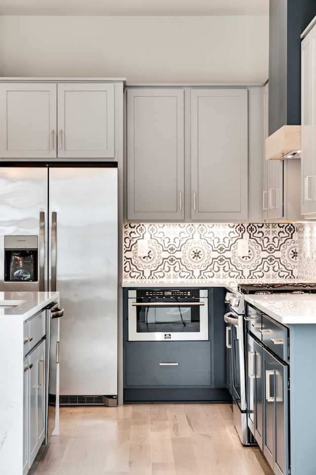 kitchen featuring light wood-style flooring, stainless steel appliances, wall chimney range hood, gray cabinets, and backsplash