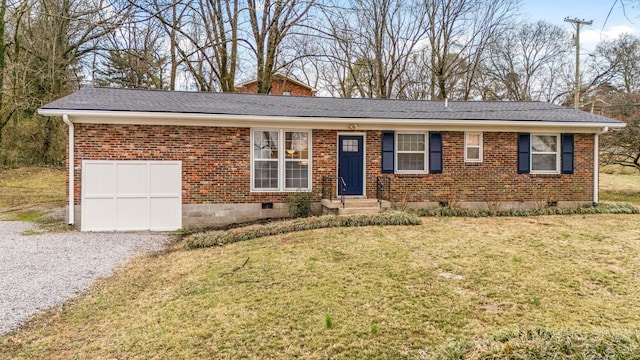 single story home featuring crawl space, driveway, a front lawn, and brick siding