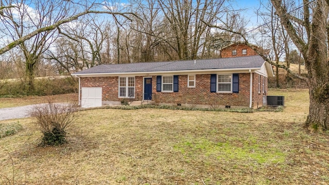 ranch-style house with crawl space, a front yard, central AC, and brick siding