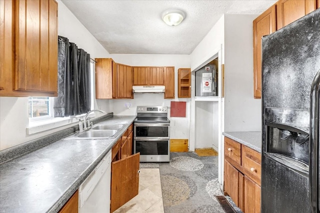 kitchen with range with two ovens, dishwasher, black fridge with ice dispenser, under cabinet range hood, and a sink