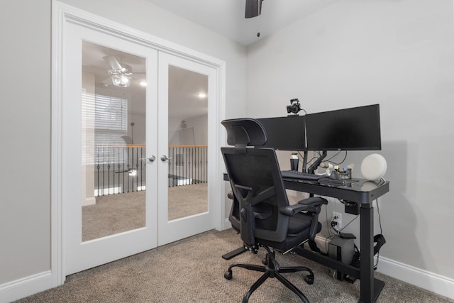 office space featuring carpet floors, french doors, and ceiling fan