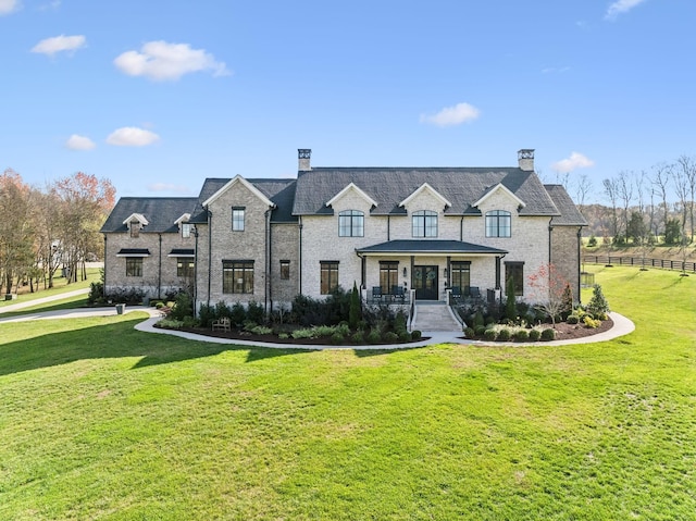 french country style house featuring a front lawn, a chimney, and fence