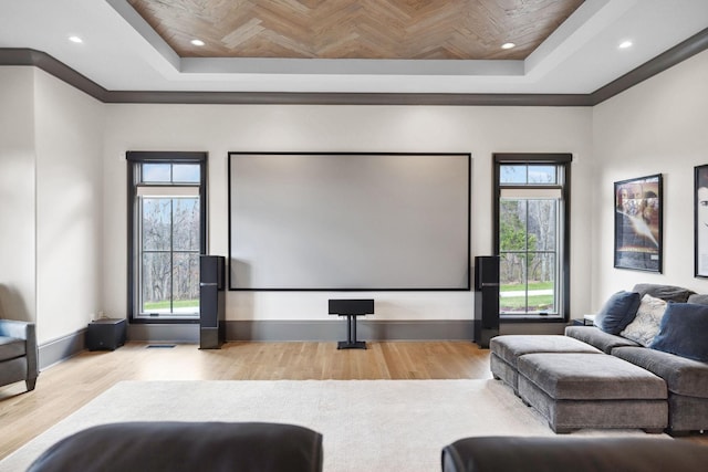 cinema featuring a tray ceiling, recessed lighting, and wood finished floors