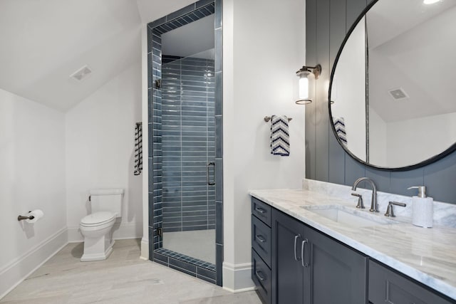 bathroom with toilet, visible vents, vanity, baseboards, and a shower stall