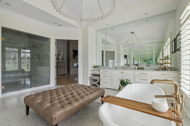 bathroom with a freestanding bath, ornamental molding, a stall shower, and vanity