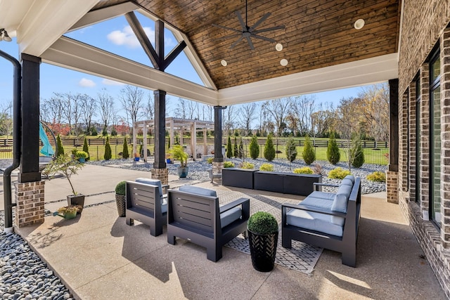 view of patio with a fenced backyard, ceiling fan, and an outdoor living space