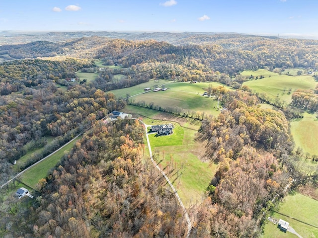 bird's eye view featuring a wooded view