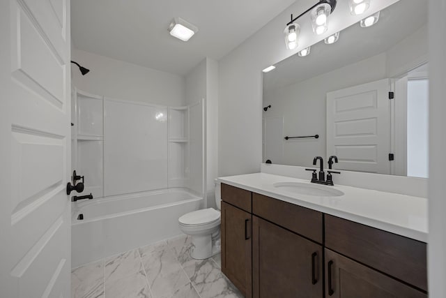 full bath with marble finish floor,  shower combination, vanity, and toilet