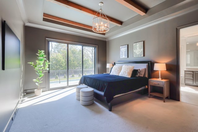 carpeted bedroom with a chandelier, beamed ceiling, and access to exterior