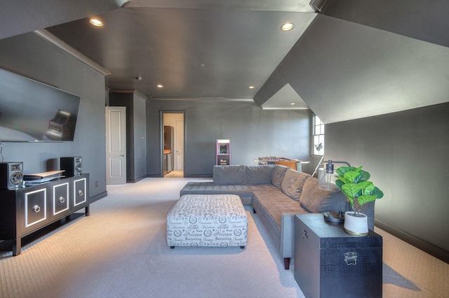 carpeted living room with ornamental molding, recessed lighting, and baseboards