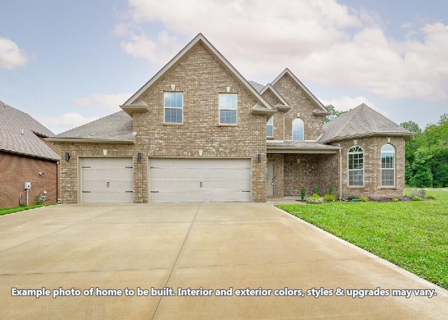 view of front of house with brick siding, a shingled roof, an attached garage, a front yard, and driveway