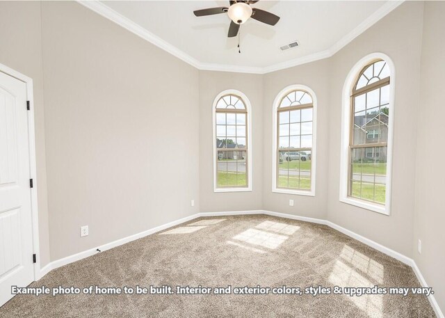 1163 Gardenia Ln, Clarksville, TN 37043 - carpeted spare room featuring baseboards, a ceiling fan, visible vents, and crown molding