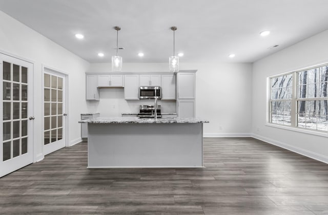 kitchen with an island with sink, appliances with stainless steel finishes, dark wood-type flooring, french doors, and recessed lighting