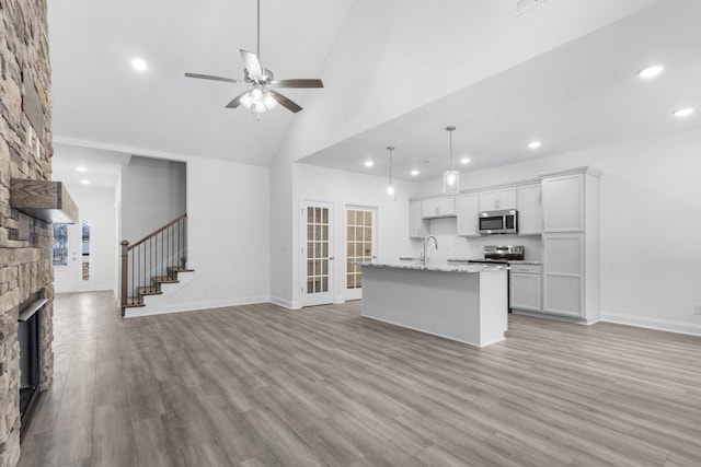 kitchen with open floor plan, stainless steel appliances, light wood-style floors, a fireplace, and a sink