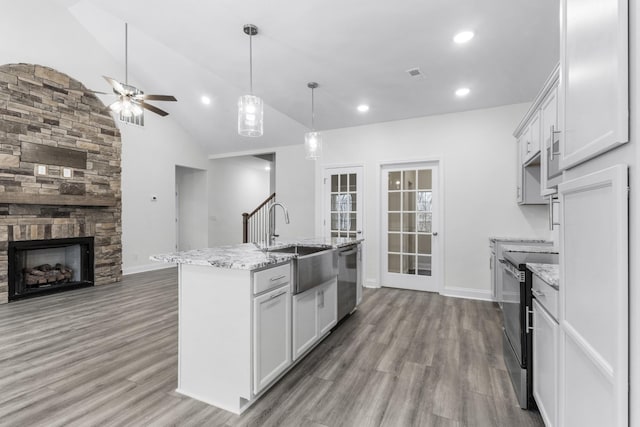 kitchen featuring a fireplace, stainless steel appliances, a sink, an island with sink, and wood finished floors