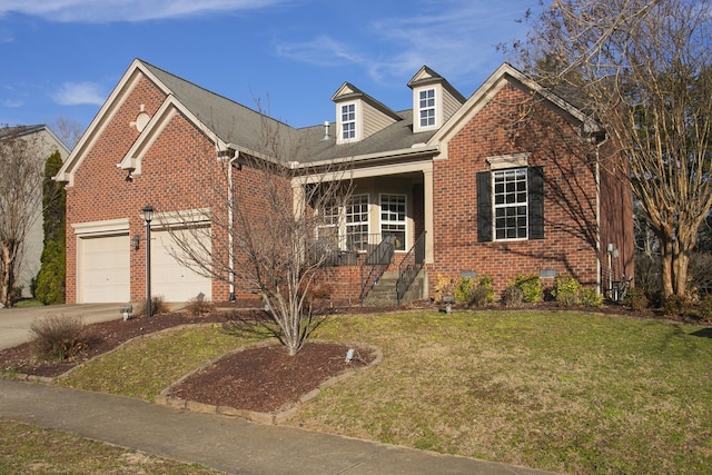 view of front of home featuring a garage, brick siding, concrete driveway, crawl space, and a front yard