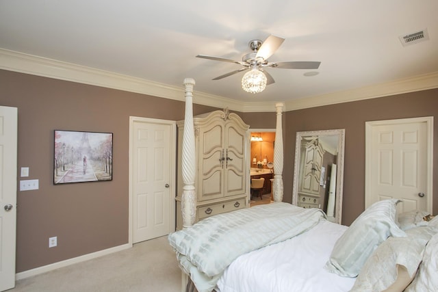 bedroom with ceiling fan, light carpet, visible vents, baseboards, and crown molding