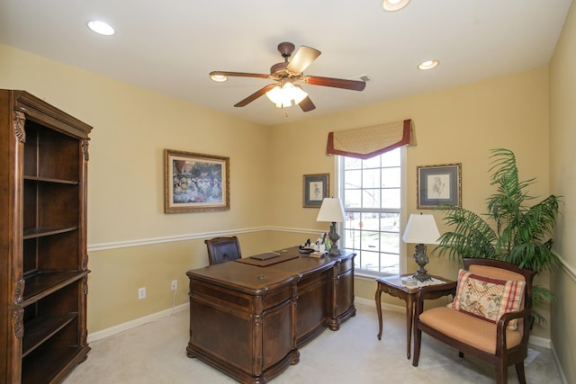 office space with light carpet, ceiling fan, recessed lighting, and baseboards