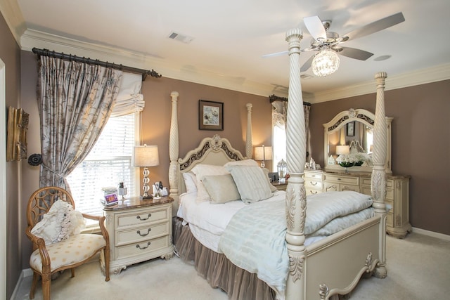 bedroom with visible vents, ornamental molding, light carpet, ceiling fan, and baseboards