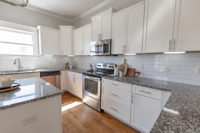 kitchen with light wood finished floors, decorative backsplash, ornamental molding, stainless steel appliances, and a sink