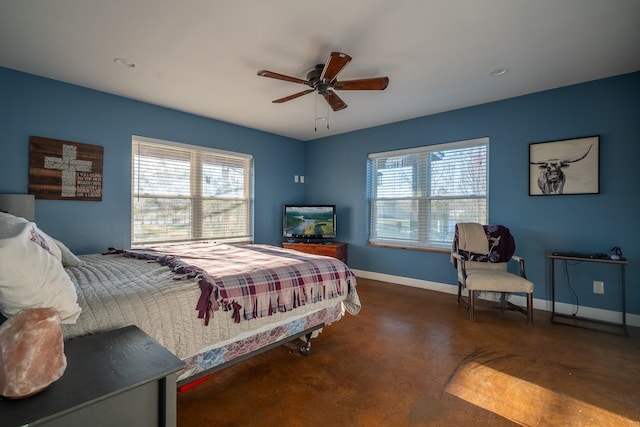 bedroom featuring ceiling fan, concrete floors, and baseboards