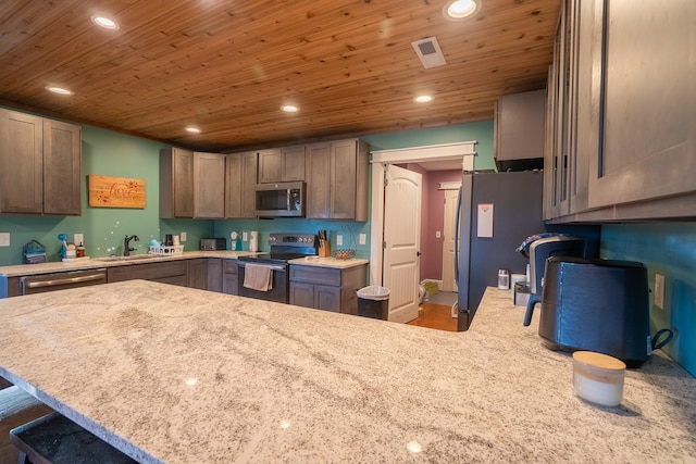 kitchen featuring wood ceiling, appliances with stainless steel finishes, a peninsula, a sink, and recessed lighting