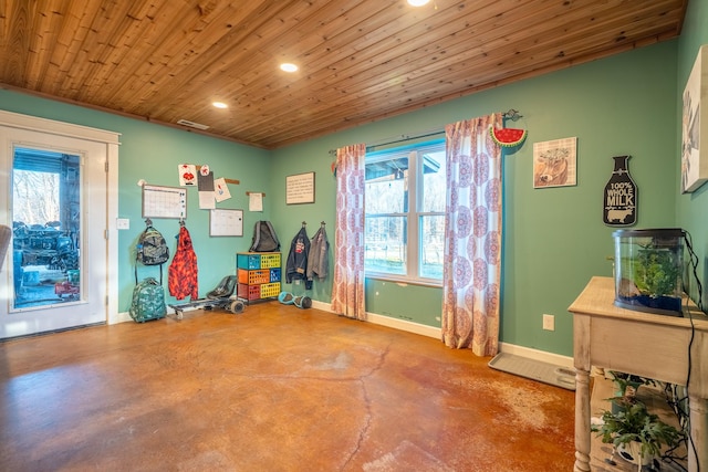 playroom with wood ceiling, baseboards, concrete flooring, and recessed lighting