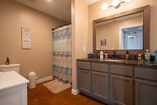 full bath featuring toilet, concrete floors, visible vents, vanity, and baseboards