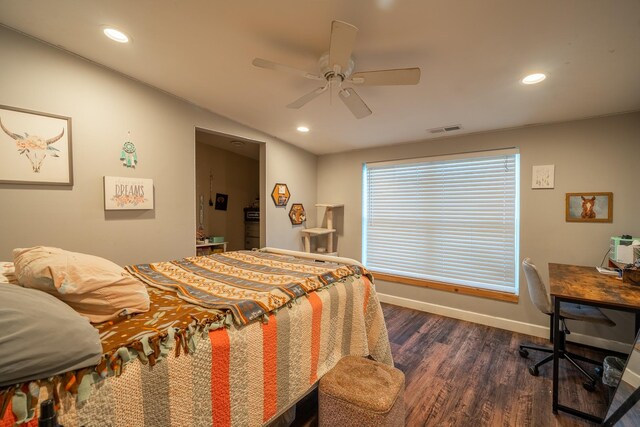 bedroom featuring dark wood-style floors, baseboards, visible vents, and recessed lighting