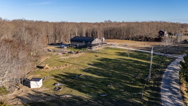 bird's eye view featuring a rural view and a view of trees