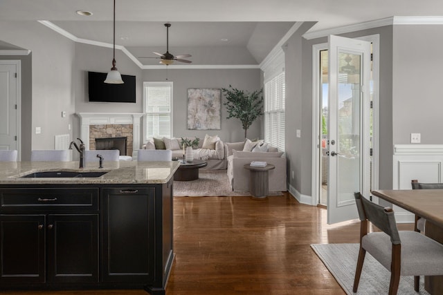 living area with dark wood-style floors, visible vents, ornamental molding, ceiling fan, and a stone fireplace