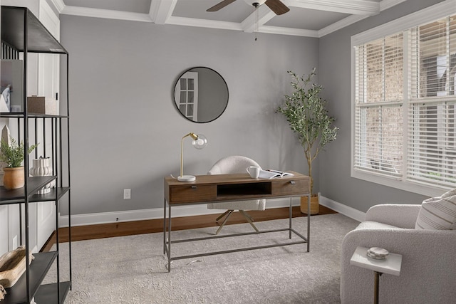 office space with coffered ceiling, wood finished floors, a ceiling fan, baseboards, and ornamental molding