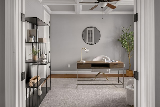 office featuring baseboards, coffered ceiling, ceiling fan, ornamental molding, and beamed ceiling