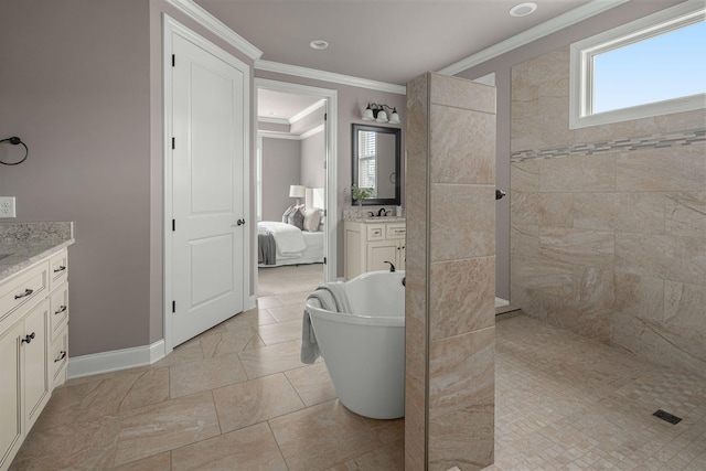 full bathroom featuring a freestanding bath, connected bathroom, crown molding, and vanity