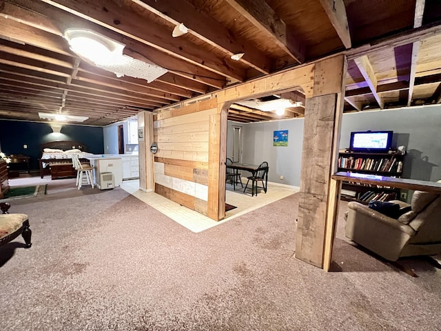 finished basement with carpet floors