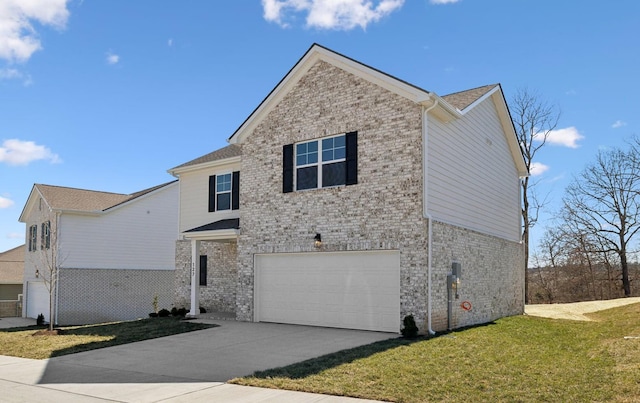 traditional-style home with driveway, a front lawn, an attached garage, and brick siding