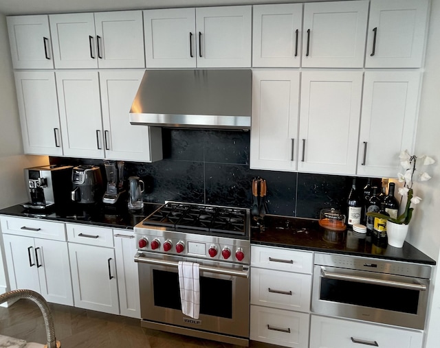 kitchen with tasteful backsplash, white cabinetry, stainless steel appliances, and exhaust hood