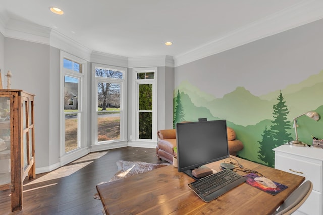 home office with ornamental molding, recessed lighting, wood finished floors, and baseboards