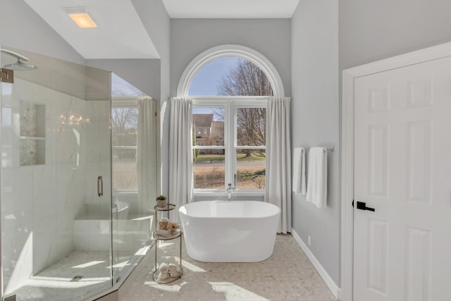 bathroom with plenty of natural light, a shower stall, baseboards, and a freestanding bath