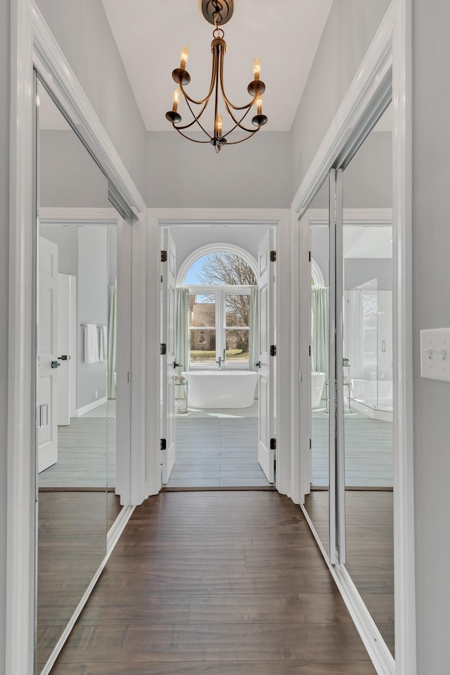 foyer entrance featuring a notable chandelier and wood finished floors