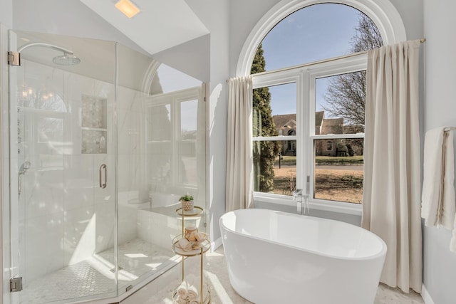 bathroom with a freestanding tub, vaulted ceiling, and a shower stall