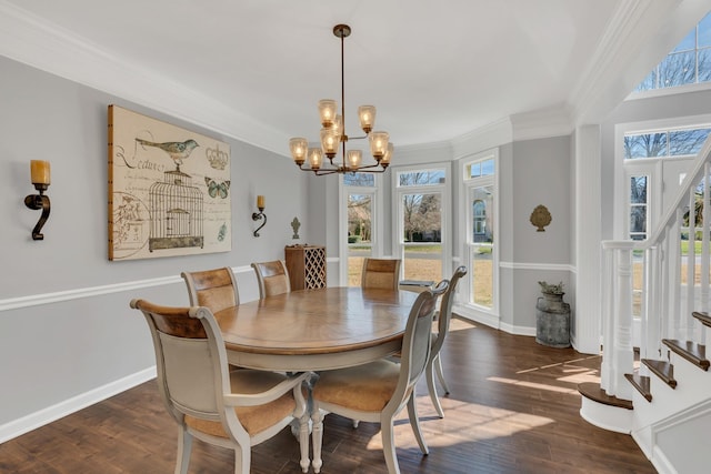 dining room with stairs, baseboards, dark wood finished floors, and crown molding