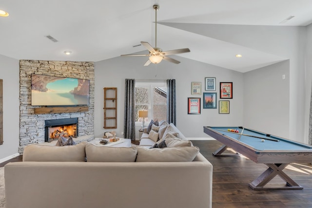 playroom with dark wood-style floors, a fireplace, vaulted ceiling, billiards, and baseboards