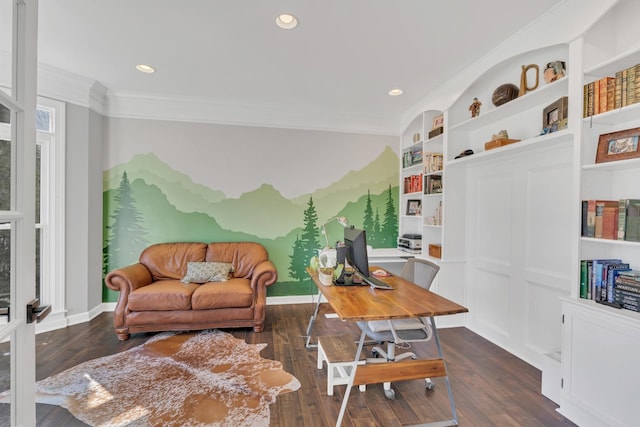 office space with baseboards, ornamental molding, dark wood-style flooring, and recessed lighting