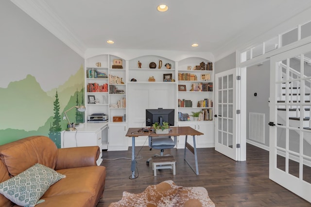 office space with dark wood-style floors, visible vents, ornamental molding, and french doors